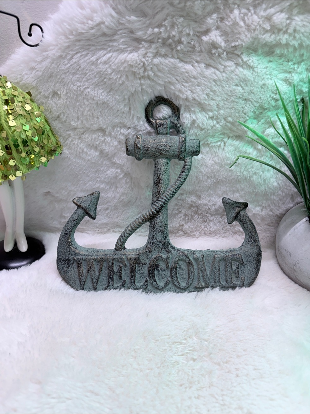 Iron Nautical Anchor "WELCOME" Decorative Sign - Distressed Seafoam Finish 🌎 9x9